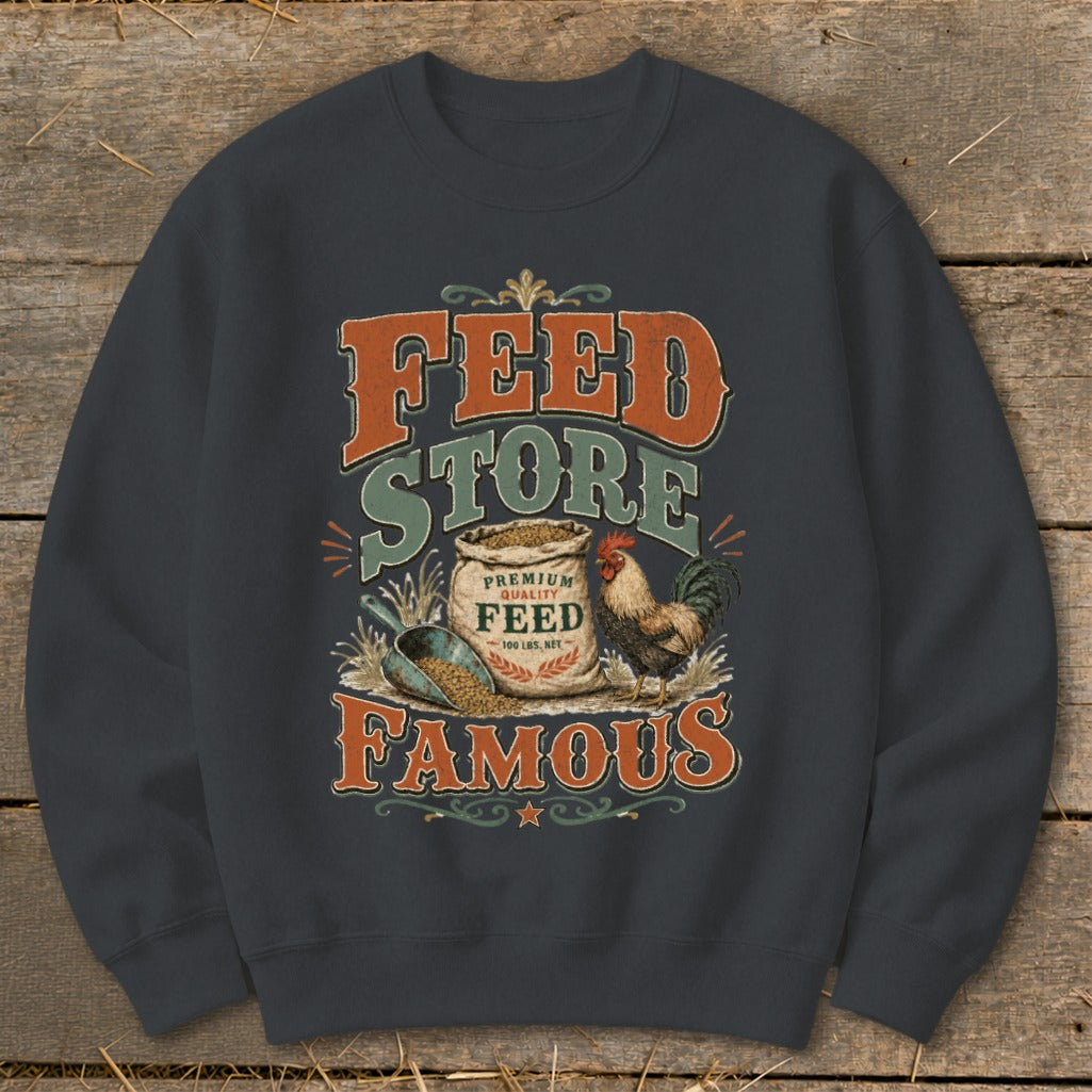 "Feed Store Famous" text with rooster, feed bag, and scoop graphic.