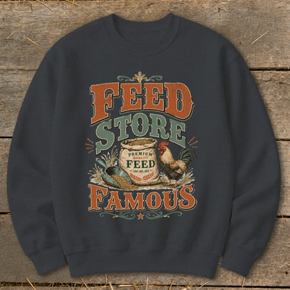 "Feed Store Famous" text with rooster, feed bag, and scoop graphic.