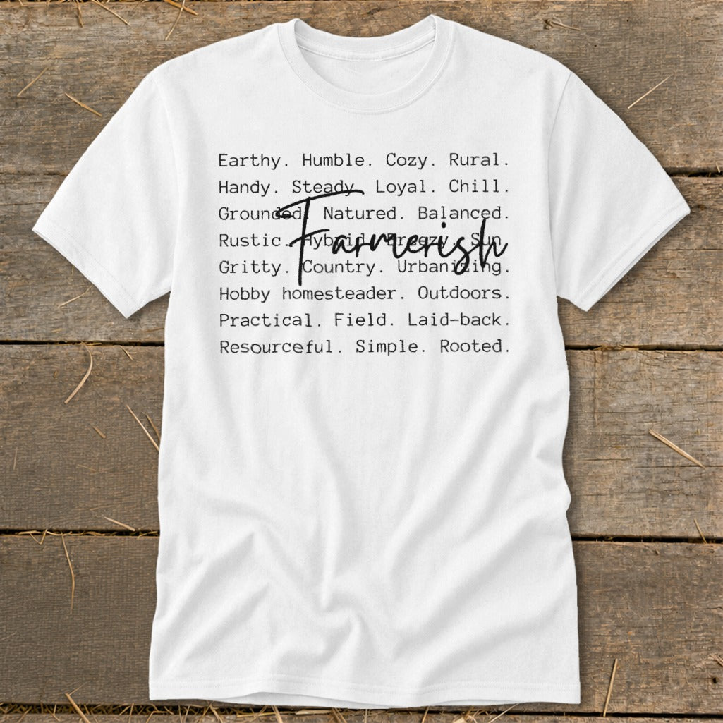 White t-shirt with black text listing descriptive words and "Farmer" style text.