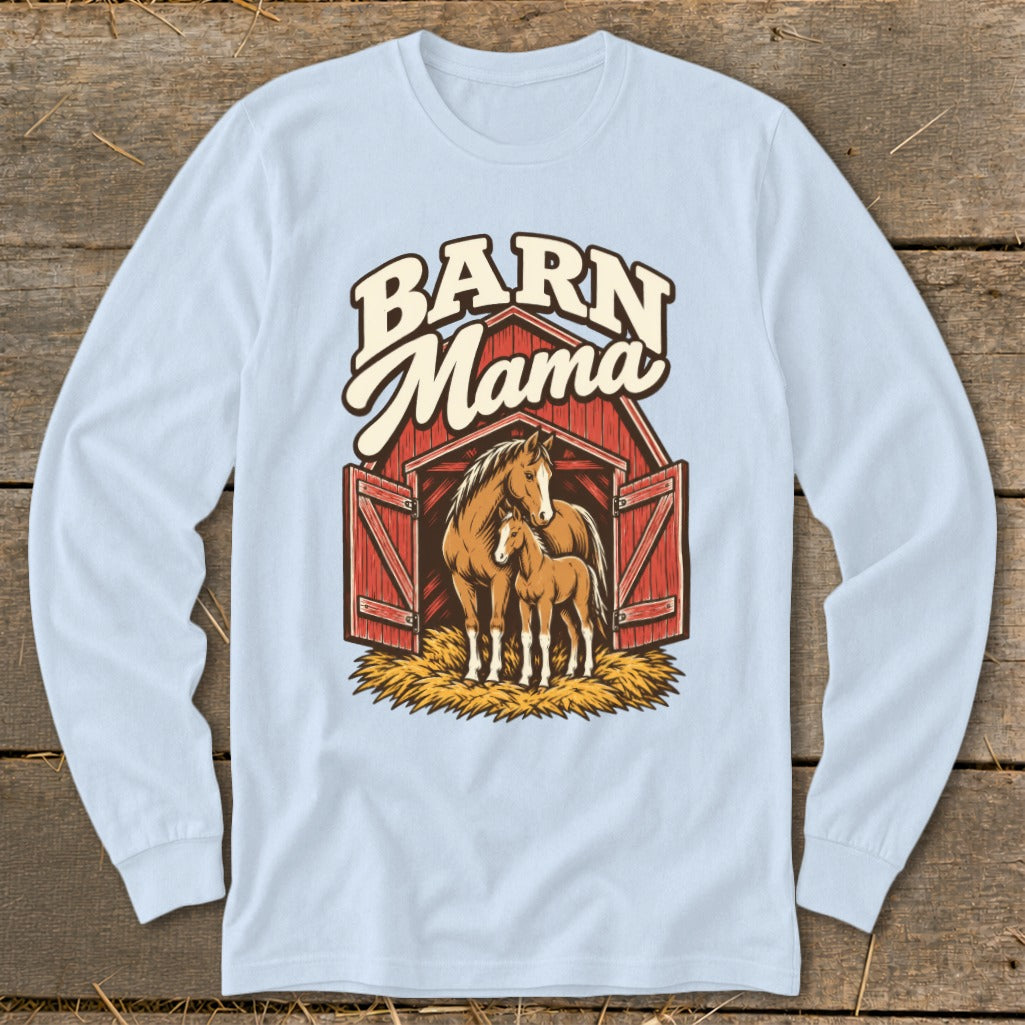 Barn Mama text above a horse and foal in a red barn doorway with straw.