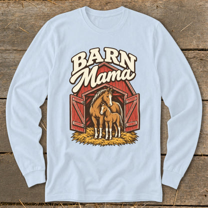 Barn Mama text above a horse and foal in a red barn doorway with straw.