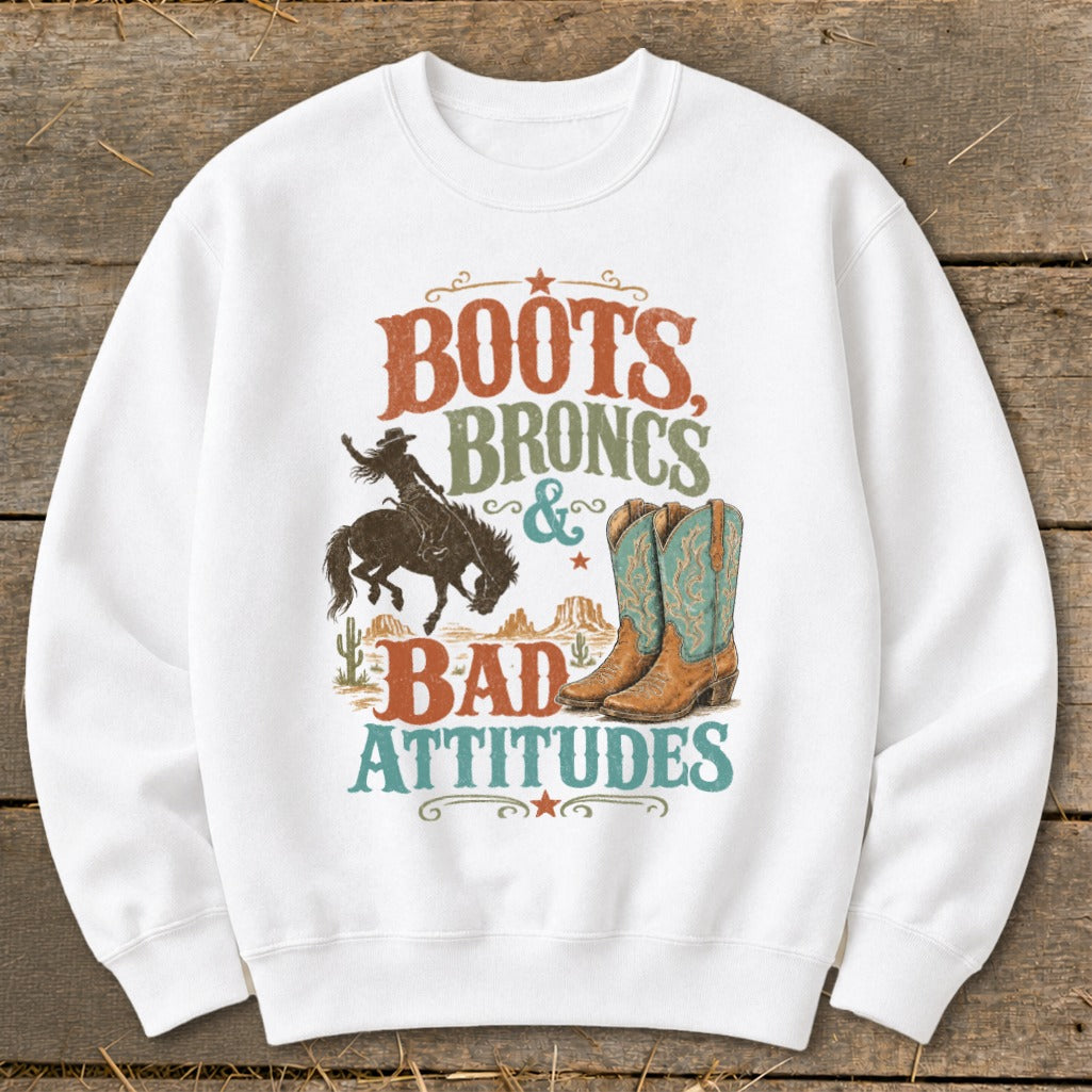 Graphic of boots, bronc rider, and text "Boots, Broncs & Bad Attitudes".