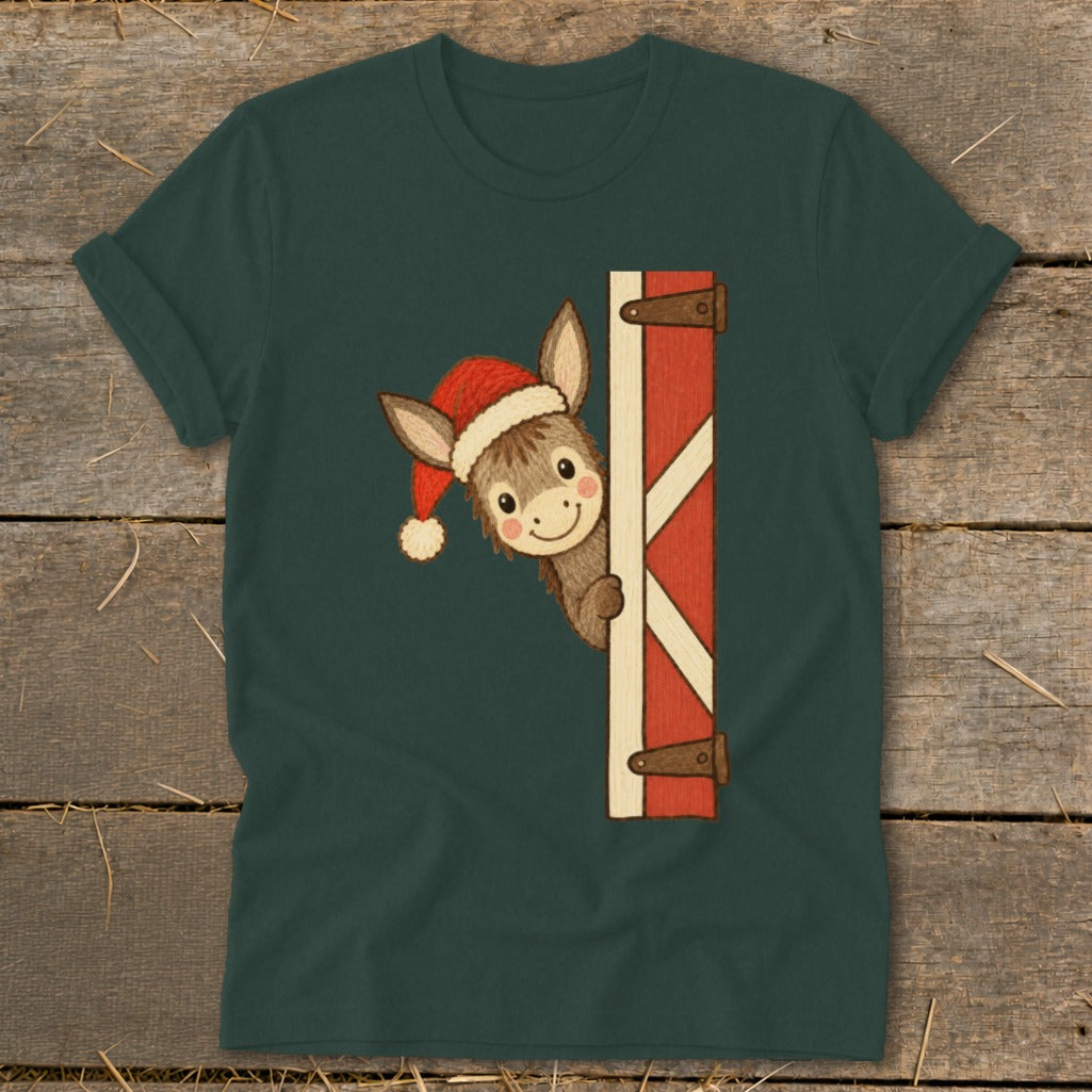Cute cartoon donkey wearing a Santa hat peeking around a barn door.