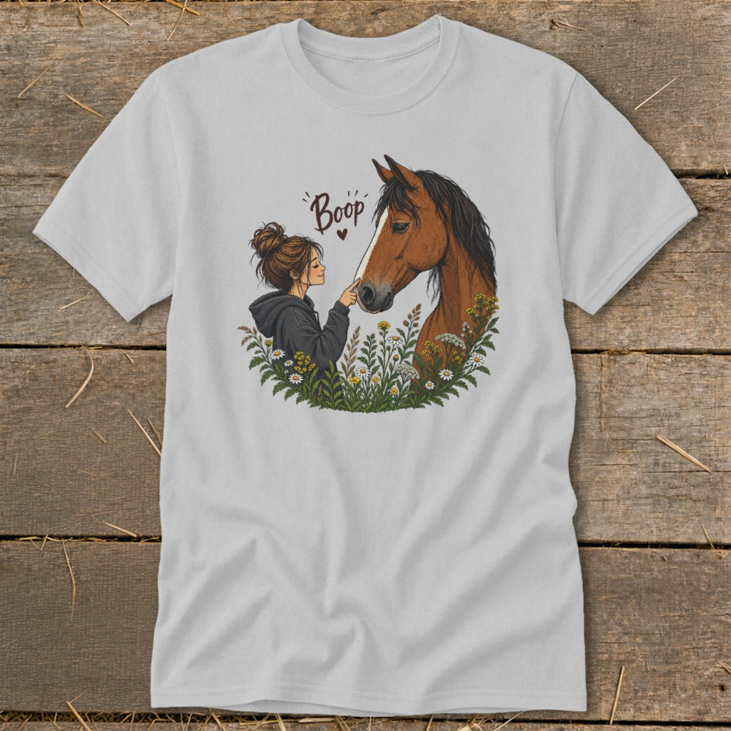 Illustration of girl touching horse nose, with "Boop" text and flowers.