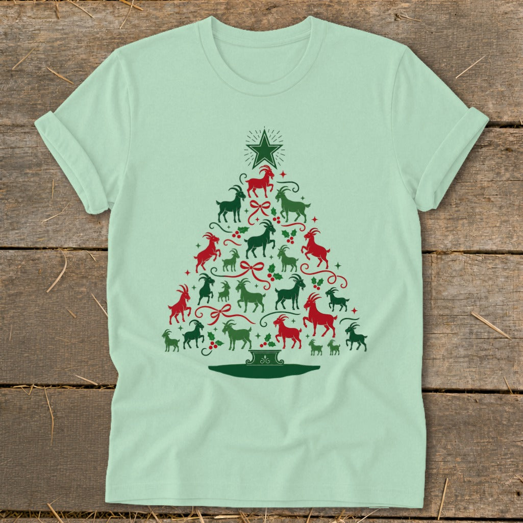 T-shirt with a Christmas tree made of red and green goats.