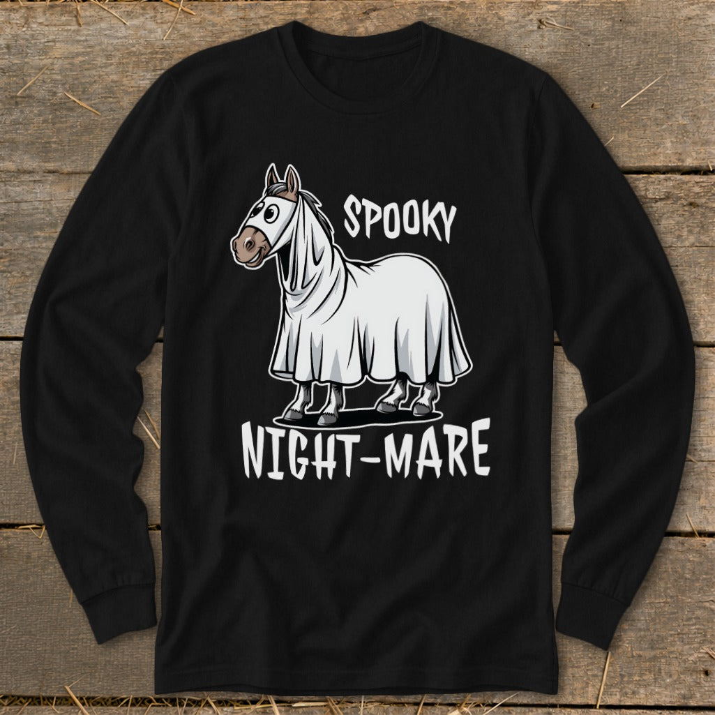 Horse wearing a ghost costume with text "Spooky Night-Mare".