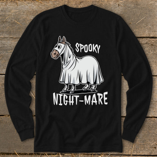 Horse wearing a ghost costume with text "Spooky Night-Mare".