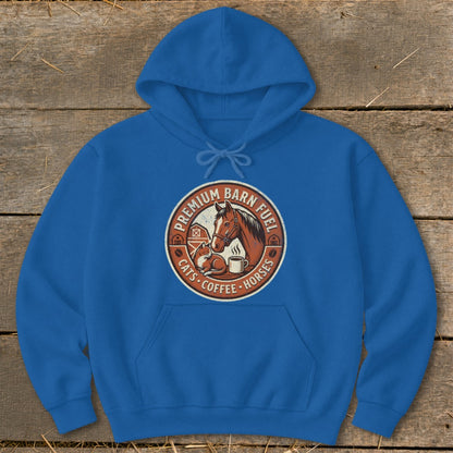 Blue hoodie with a circular graphic featuring a horse, cat, and coffee cup.