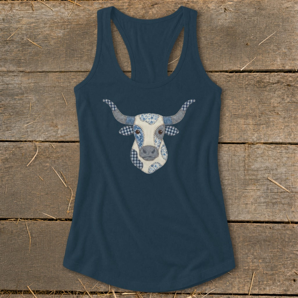 Navy racerback tank top with a blue and white patchwork longhorn bull graphic.