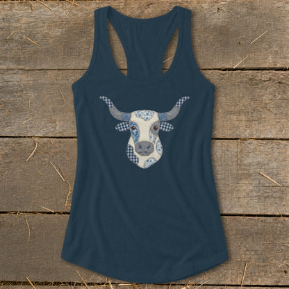 Navy racerback tank top with a blue and white patchwork longhorn bull graphic.
