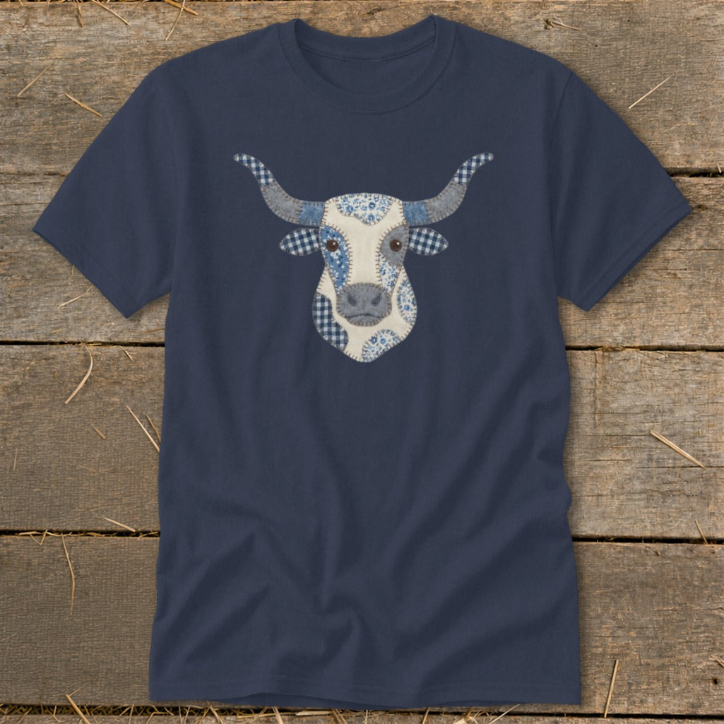 Navy t-shirt with a blue and white patchwork longhorn steer face graphic.