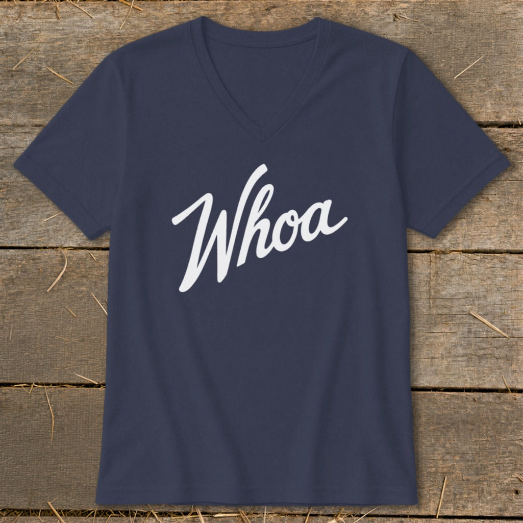 Navy v-neck t-shirt with white script text that reads "Whoa."