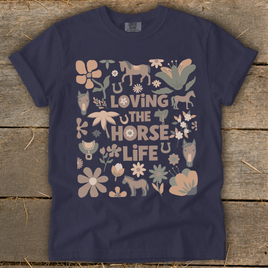 Navy t-shirt with "Loving the Horse Life" text and horse-themed graphics.