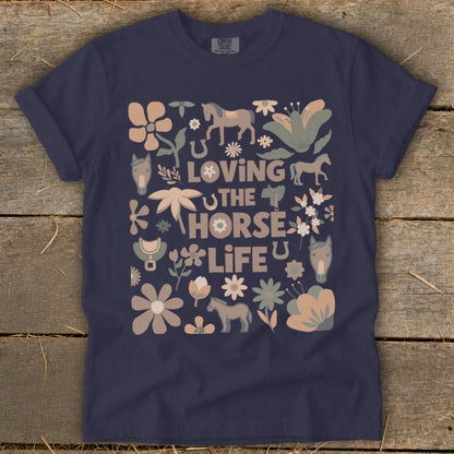 Navy t-shirt with "Loving the Horse Life" text and horse-themed graphics.