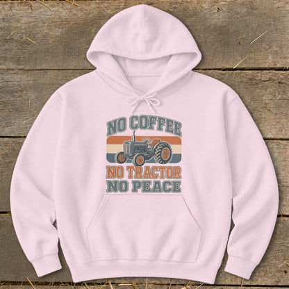 Pink hoodie with distressed graphic of a tractor and text "NO COFFEE NO TRACTOR NO PEACE".