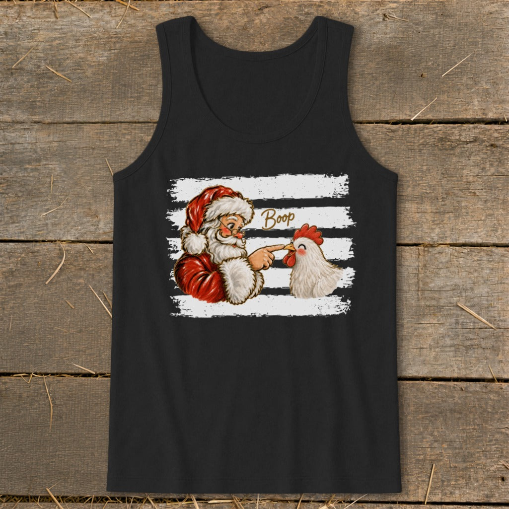 Santa booping a chicken with the word "Boop" on a black tank top.