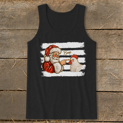 Santa booping a chicken with the word "Boop" on a black tank top.