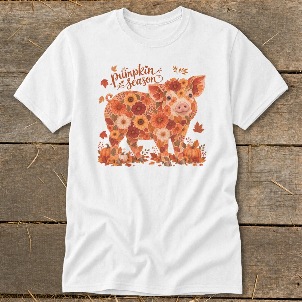 White t-shirt with a pig made of autumn flowers and pumpkins, text reads "Pumpkin Season".
