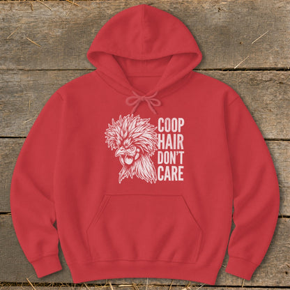 Red hoodie with a white chicken graphic and text "Coop Hair Don't Care".