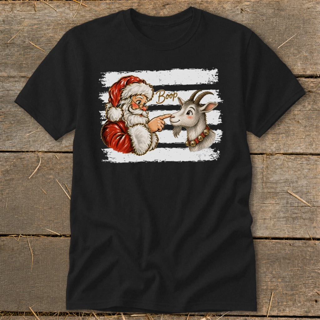 Santa booping a goat's nose with the word "Boop" above.