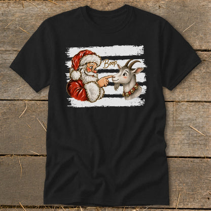 Santa booping a goat's nose with the word "Boop" above.