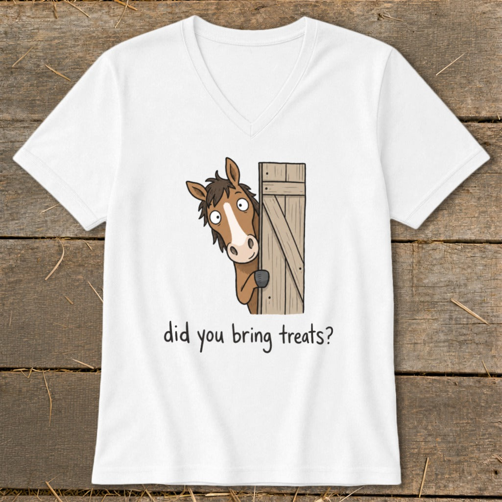 White t-shirt with cartoon horse peeking from a wooden gate asking "did you bring treats?".