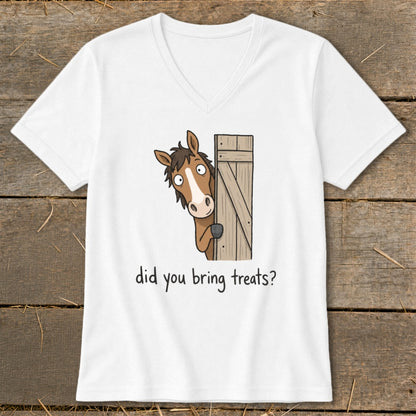 White t-shirt with cartoon horse peeking from a wooden gate asking "did you bring treats?".