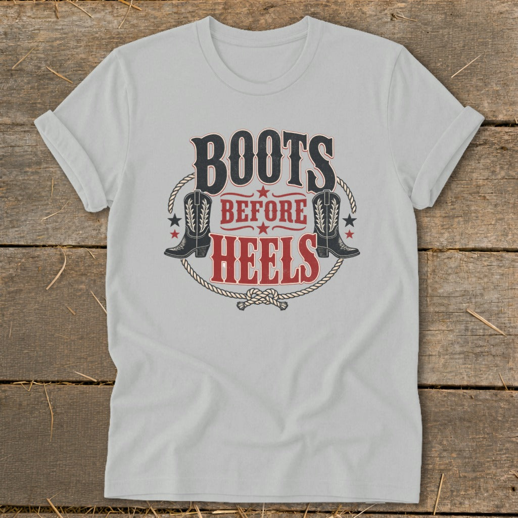 Light grey t-shirt with "Boots Before Heels" graphic and cowboy boots.