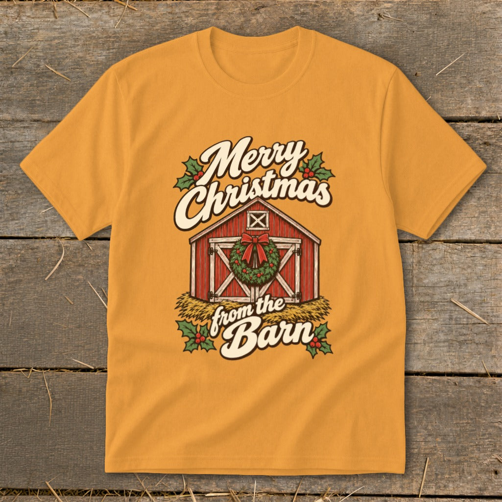 Orange t-shirt with "Merry Christmas from the Barn" and a barn graphic.
