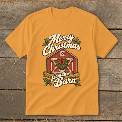 Orange t-shirt with "Merry Christmas from the Barn" and a barn graphic.