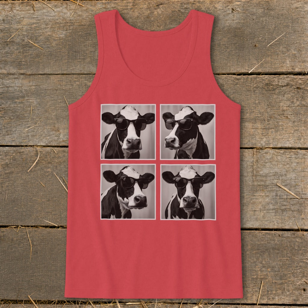 Red tank top with four square images of cows wearing sunglasses.