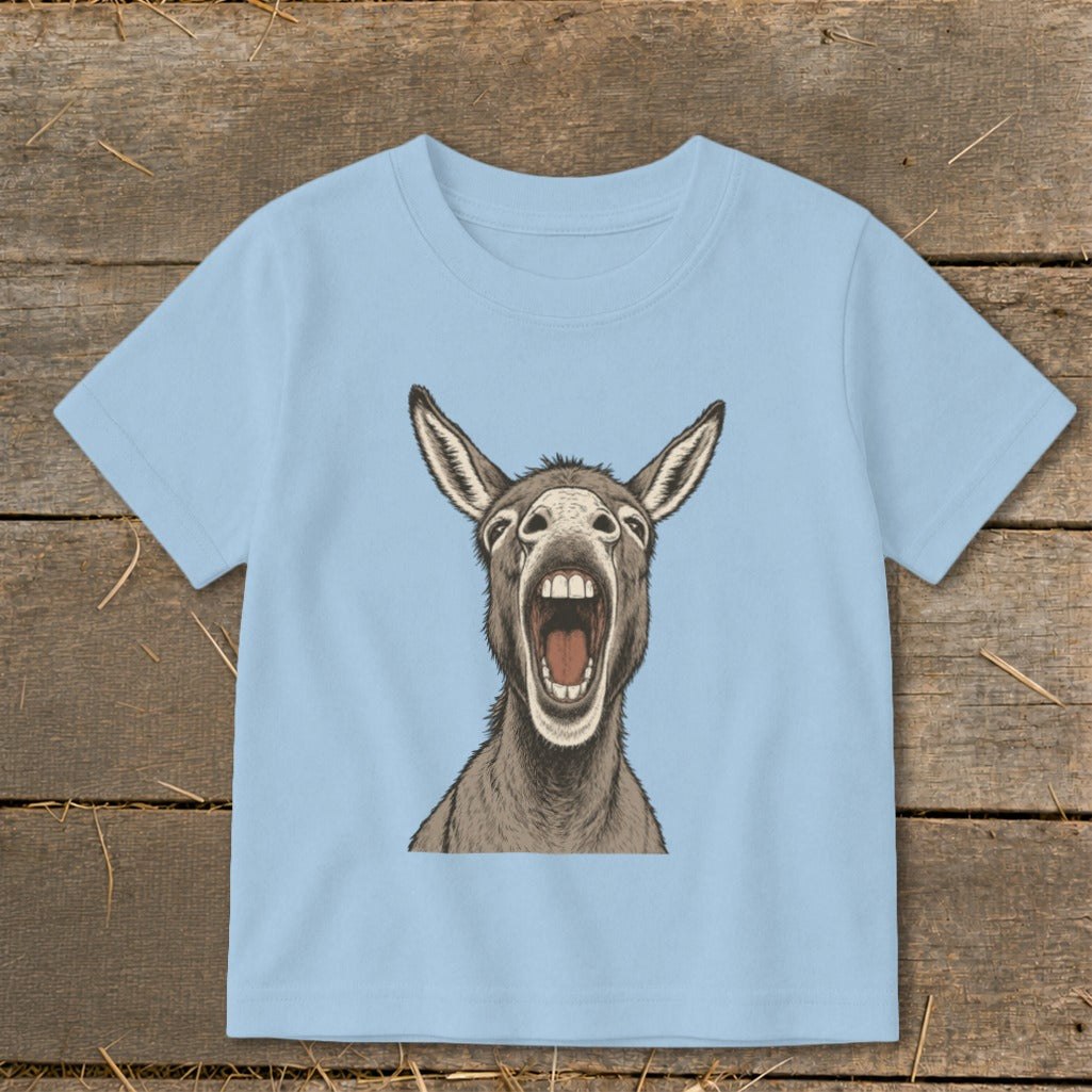 Light blue t-shirt with a distressed illustration of a donkey braying loudly.
