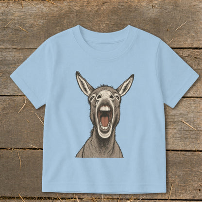 Light blue t-shirt with a distressed illustration of a donkey braying loudly.
