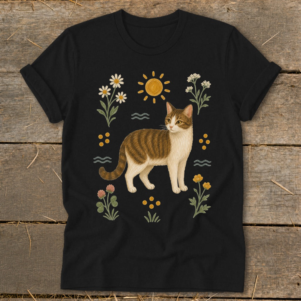 Tabby cat surrounded by wildflowers, sun, and waves illustration on black t-shirt.