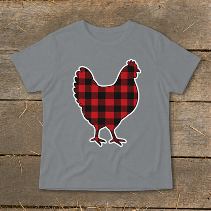 Gray t-shirt with a black and red buffalo plaid chicken silhouette.