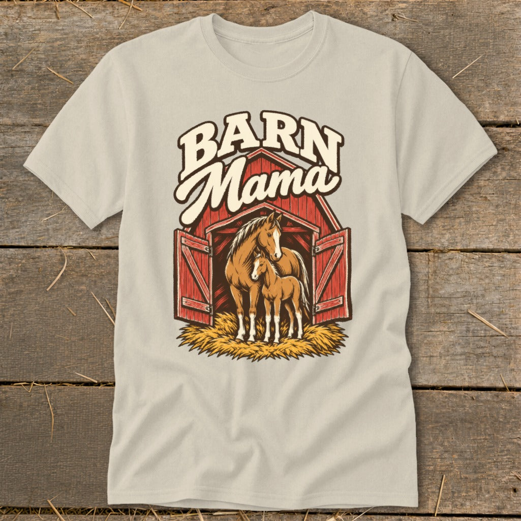 Barn Mama text above a horse and foal inside a red barn.