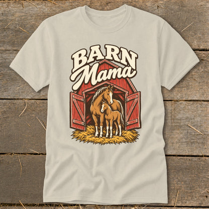 Barn Mama text above a horse and foal inside a red barn.