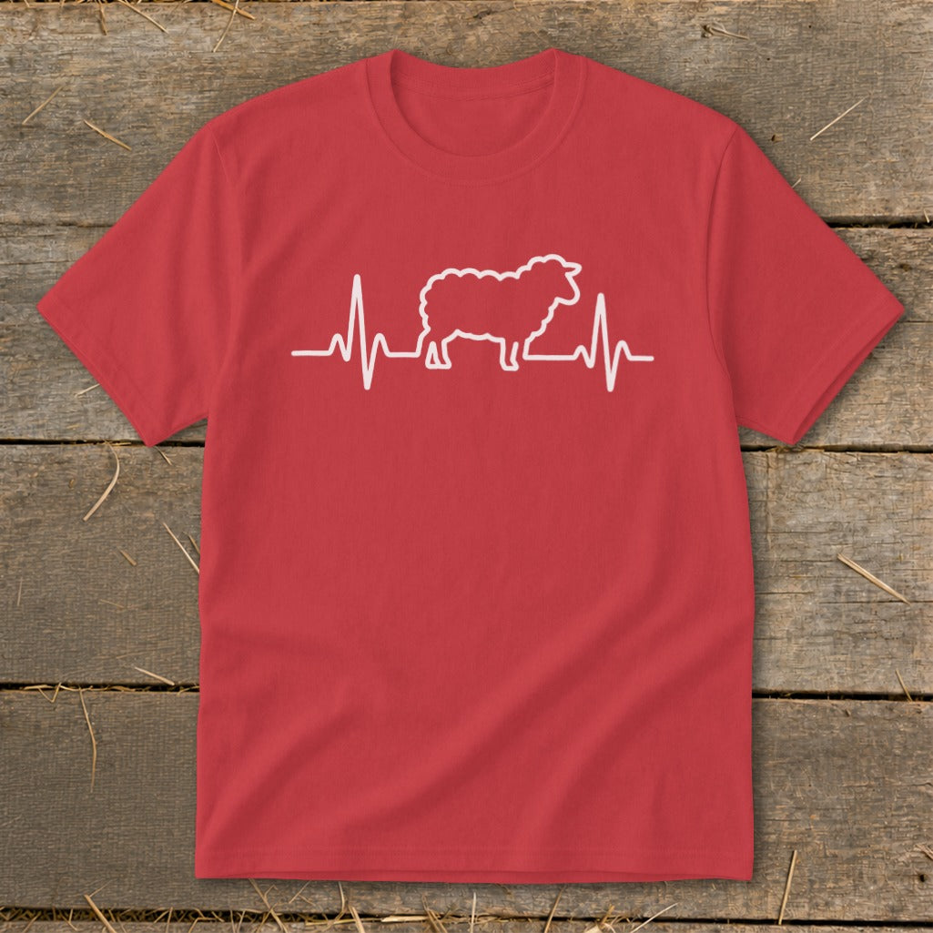 Red short-sleeved t-shirt featuring a white graphic of a sheep integrated into a heartbeat line.