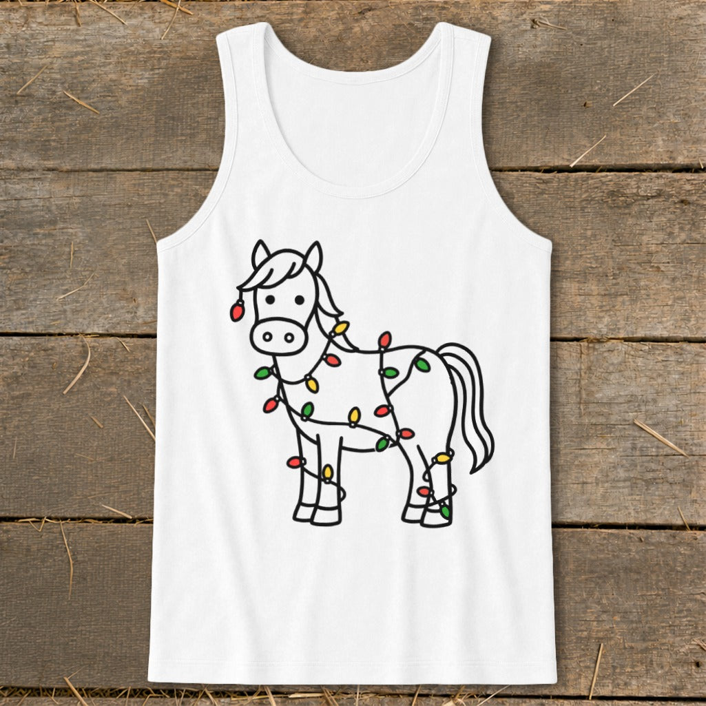 White tank top with a drawing of a horse wrapped in colorful Christmas lights.