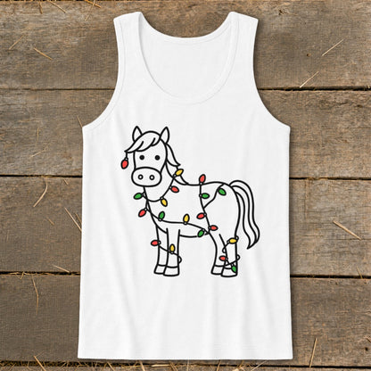 White tank top with a drawing of a horse wrapped in colorful Christmas lights.