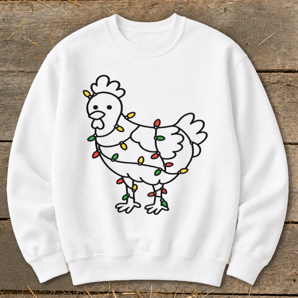 White sweatshirt with a line drawing of a chicken wrapped in colorful Christmas lights.