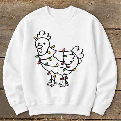 White sweatshirt with a line drawing of a chicken wrapped in colorful Christmas lights.