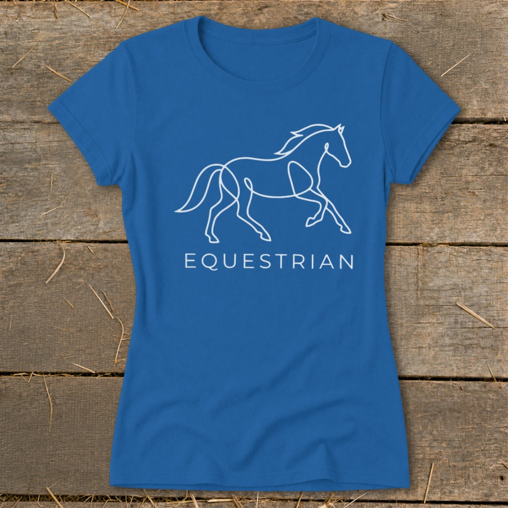 Blue t-shirt with white line art of a horse and the word EQUESTRIAN.