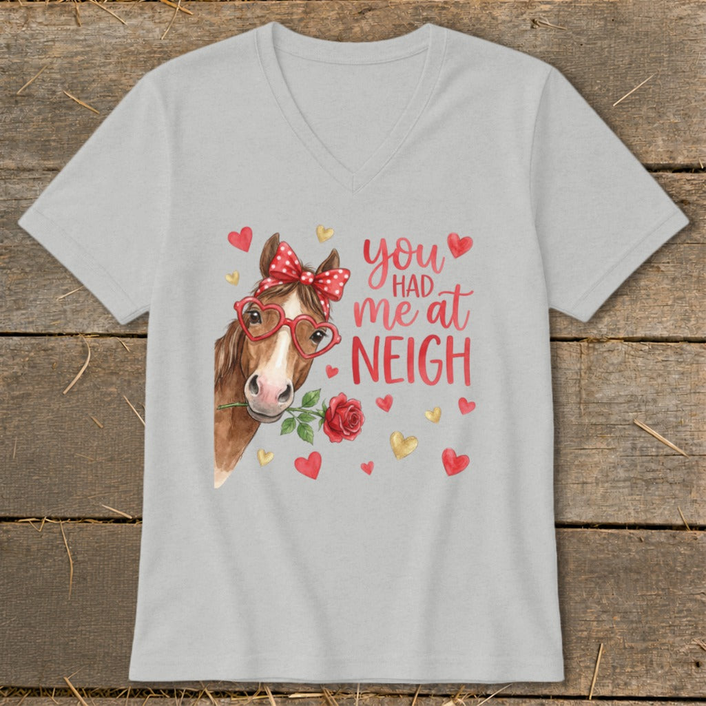 Horse with heart glasses holding a rose, "You Had Me at Neigh" text.