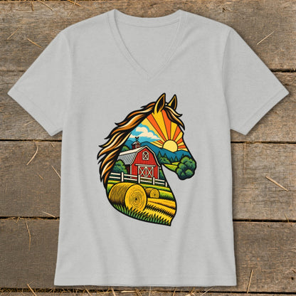 Light gray V-neck t-shirt featuring a graphic of a horse head silhouette filled with a farm landscape.