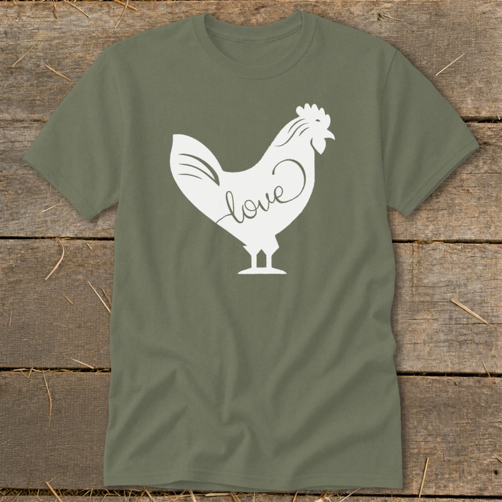 Olive green t-shirt with a white silhouette of a rooster with the word "love" inside.