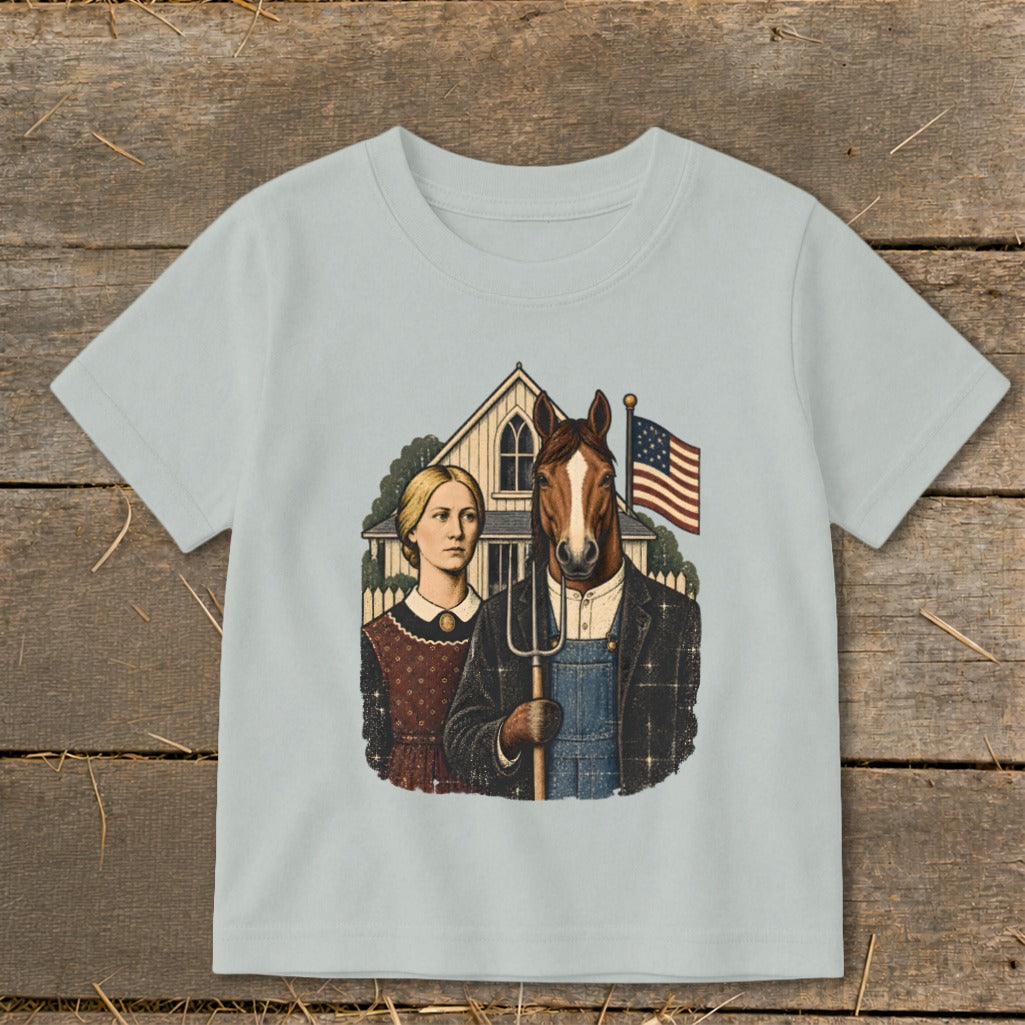 Light gray t-shirt featuring a parody of American Gothic with a horse holding a pitchfork.
