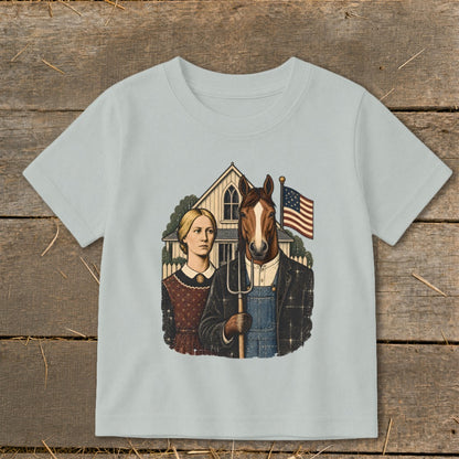 Light gray t-shirt featuring a parody of American Gothic with a horse holding a pitchfork.