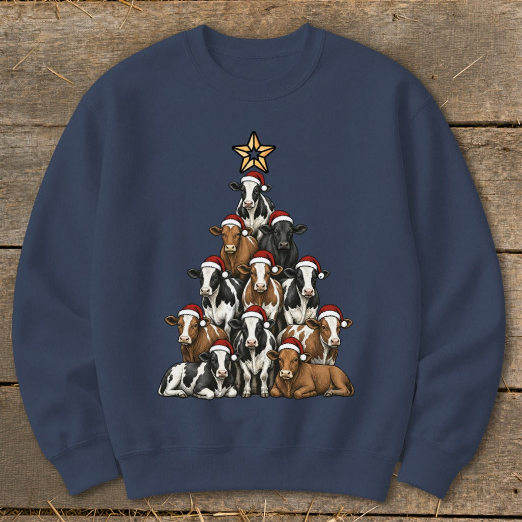 Crewneck sweatshirt with a Christmas tree made of cows wearing Santa hats and a star.