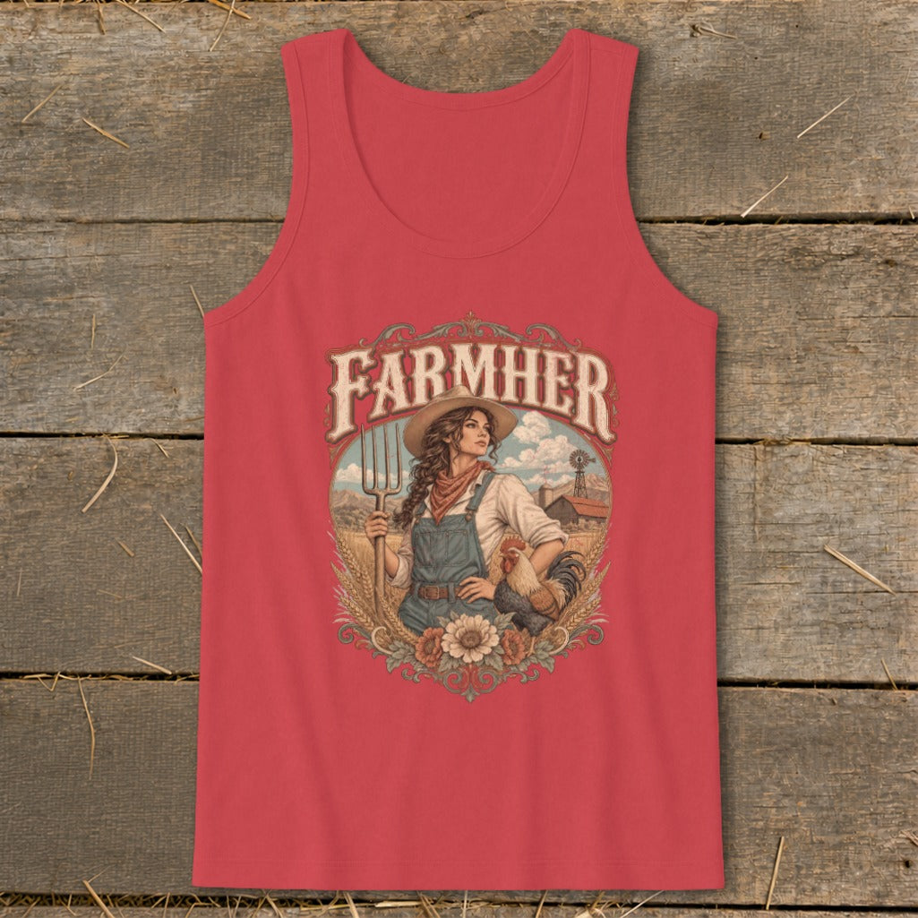 Farmer woman with pitchfork and rooster graphic with "FARMHER" text.